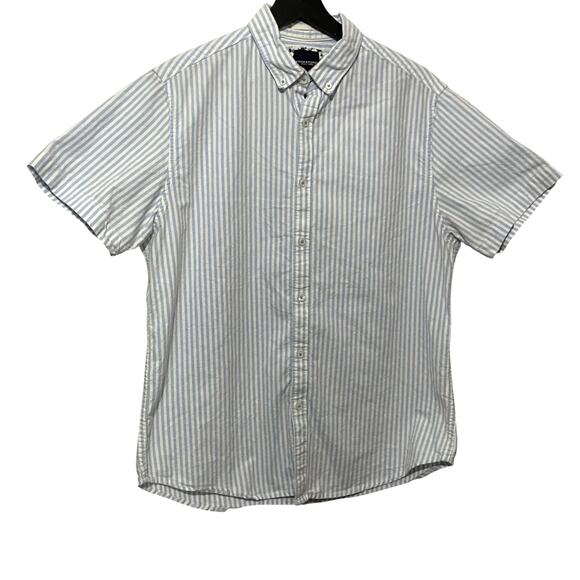 Denim & Flower Mens Button Up Shirt Size Large Blue White Stripes Short Sleeve - Picture 1 of 11
